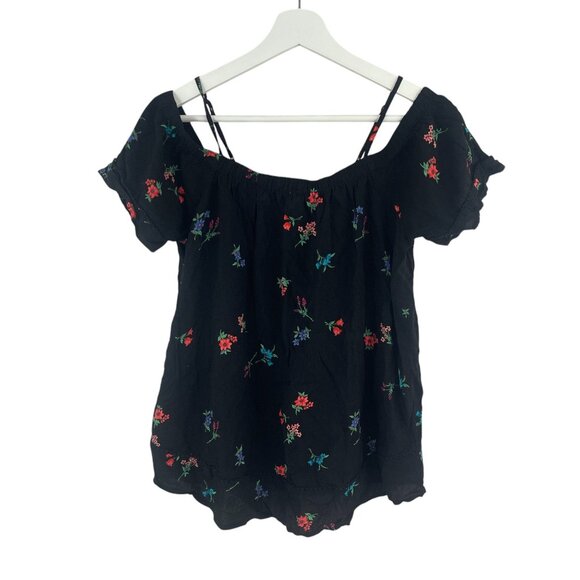 Old Navy Womens Floral Black Off The Shoulder Blouse XS Rayon Cottage core - Picture 1 of 5